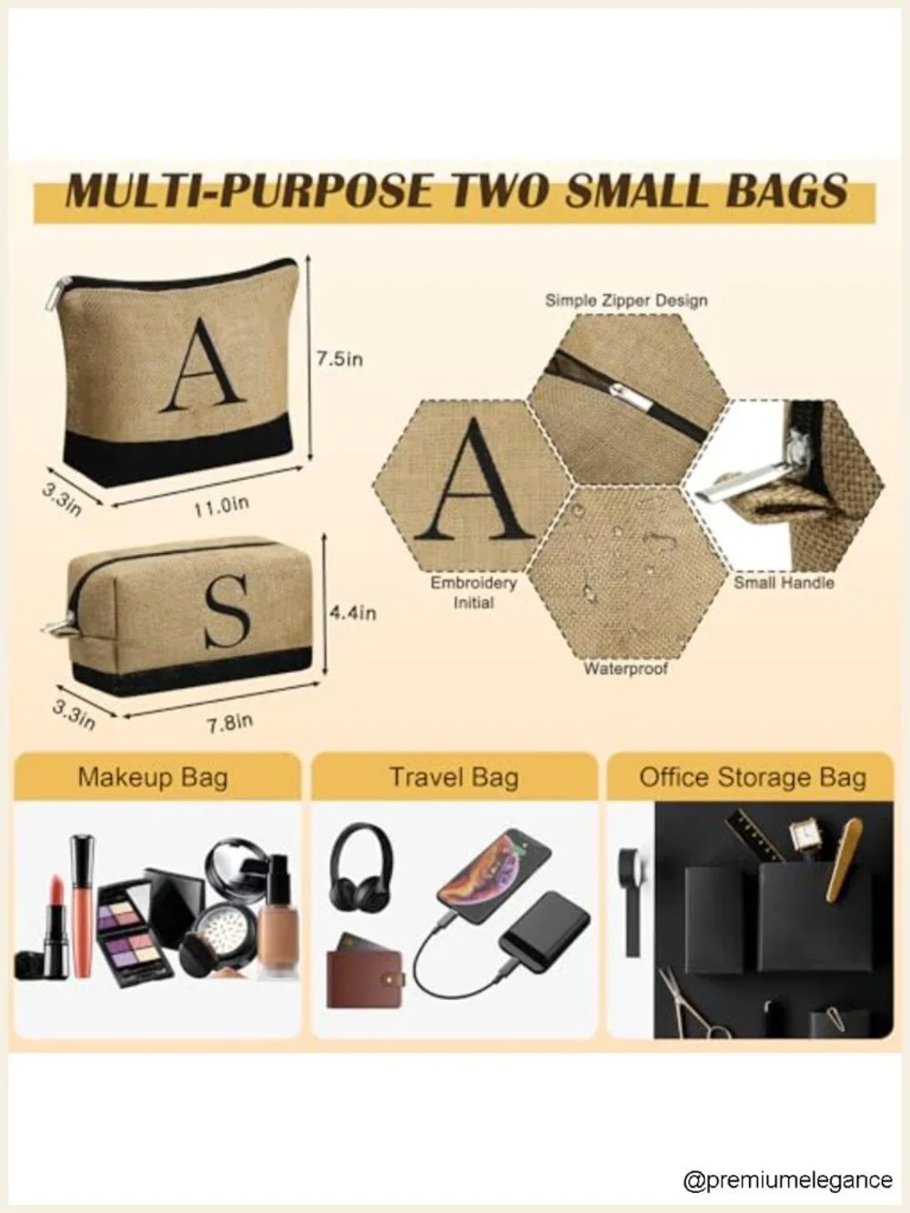Initial Jute Tote Bag with 2 Makeup Bags - Personalized Beach Bag Set